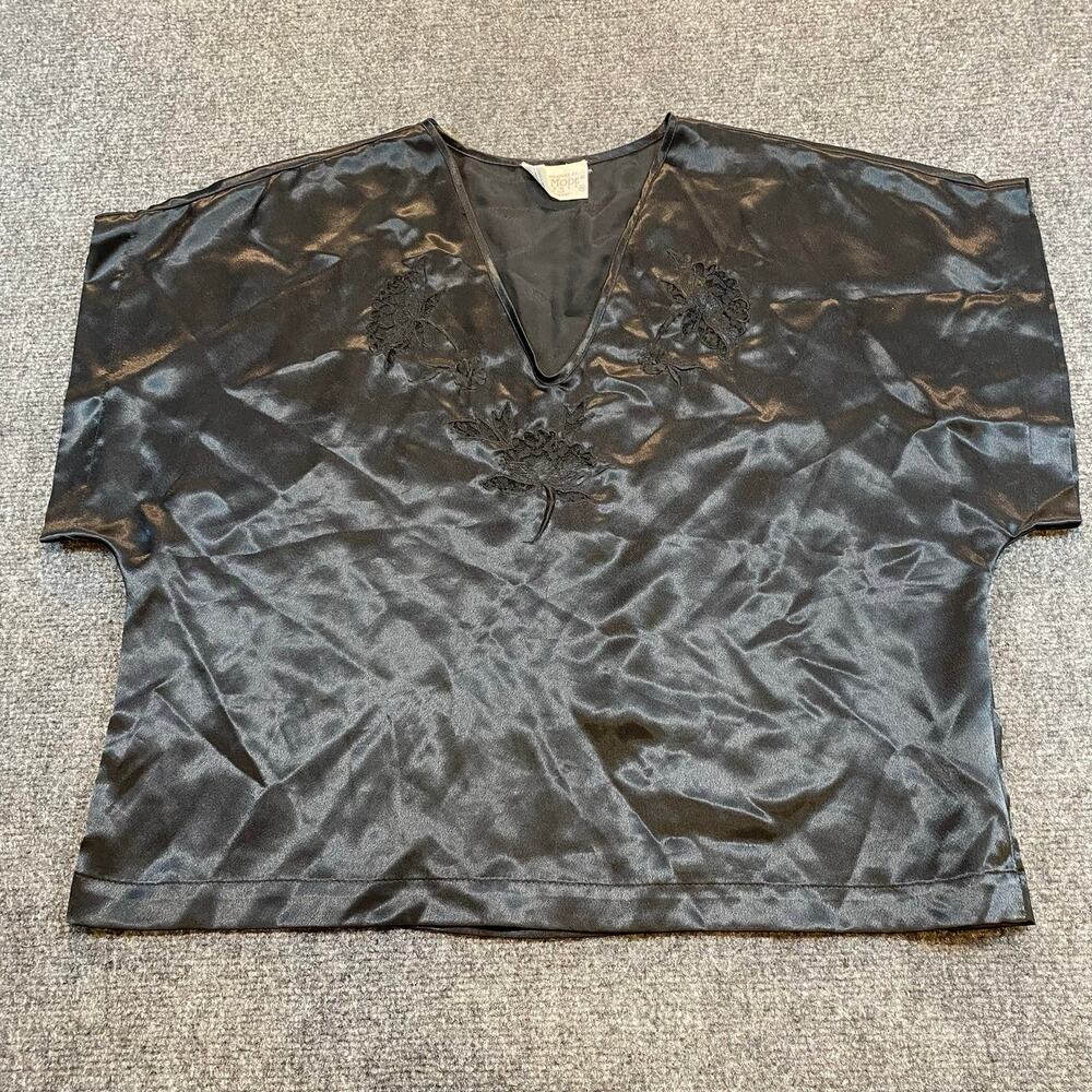 Vintage Val Mode Medium Black Satin Floral Embroidered Top Shirt Lingerie Pajama